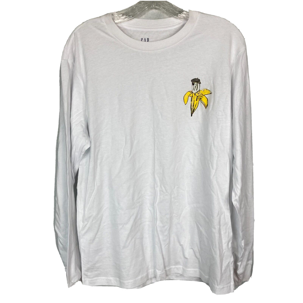 Gap x Jean-Michel Basquiat T-Shirt Men Sz S White Banana Logo Cotton Long Sleeve